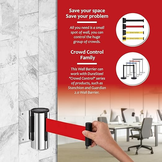 DuraSteel Wall Mount Crowd Control Retractable Belt Barrier - 9.2 Ft Red Retractables Barrier Belt w/Stainless Steel Casing - Do Not Enter Crowd Control Barriers NOT Stanchions with Retractable Belts