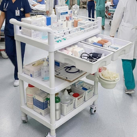 3 Tiers Medical Carts with 4 Wheels, Heavy Duty 330LBS Rolling Utility Cart with 2 Drawers, Trash Cans & Dirt Buckets, Medical Mobile Trolley Cart for Dental Clinics, Hospital and Beauty Salon