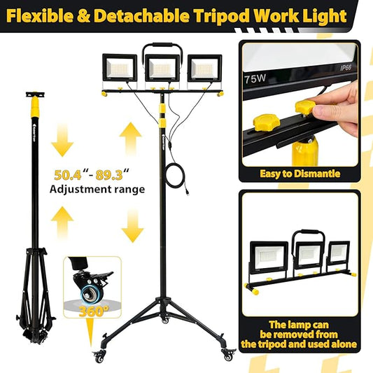 GEERTOP Portable Tripod Led Work Light on Wheels, Adjustable Rolling Black Stand, 21000LM Detachable LED Heads for Garage, Construction Job Site, Indoor/Outdoor Use