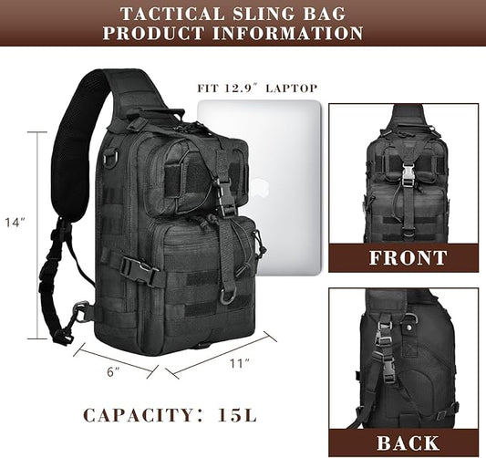 15L Compact Tactical Sling Bag, Military Shoulder Sling Pack for Men's EDC, Molle Assault Range Bag Crossbody Chest Pack for Outdoor Adventures (07-Black)