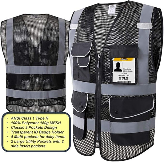 JKSafety 9 Pockets High Visibility Zipper Front Safety Vest With Reflective Strips,HQ Breathable Mesh, Oxford Fabric for pocket materials. Black Meets ANSI/ISEA Standards (XX-Large, 110-Black)