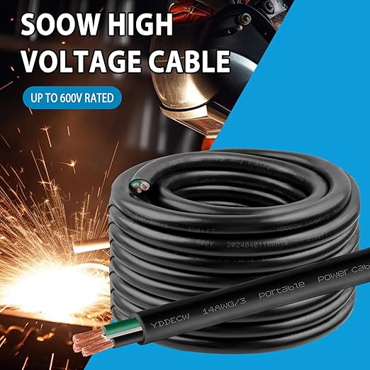 10ft 14/3 14 AWG Portable Power Cable (3 Conductor) - SOOW 600V 14 Gauge Electric Wire for Motor Leads, Portable Lights, Battery Chargers and Machinery - 3 Conductor - 10 Feet Electrical Cord