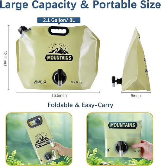 Water Jug Camping 2.1 Gallon Collapsible with Spigot, BPA Free Portable Water Pouch Foldable Water Bags for Outdoor Hiking, Travel and Emergency & Water Storage Containers (Beige-2Pcs)