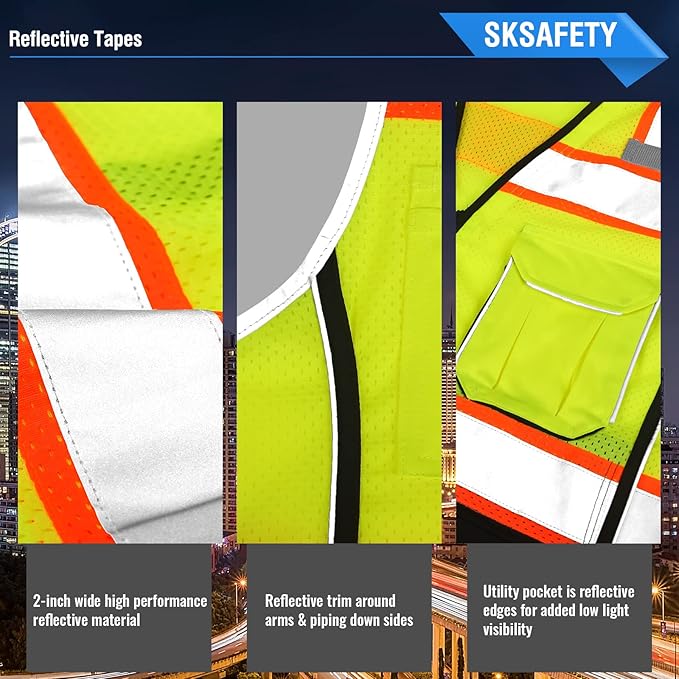 SKSAFETY 10 Pockets Professional level Safety Vest, Class 2 High Visibility Security with Zipper, Hi Vis with Reflective Strips, ANSI/ISEA Standard, Construction Work(Lime Black, 2XL)
