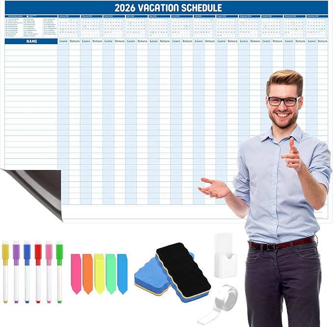 Lincia Large Magnetic 2026 Full Vacation Schedule 24" x 36" Reusable Yearly Office Whiteboard Wall Vacation Planner