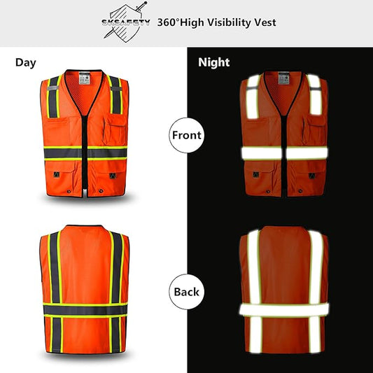 SKSAFETY Professional Class 2 High Visibility Safety Vest With Zipper - 10 Pockets, Reflective Strips, ANSI/ISEA Standard, Construction Work (Orange, L)