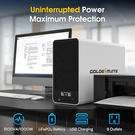 GOLDENMATE 1500VA/1000W Lithium UPS Battery Backup and Surge Protector, Backup Battery Power Supply with LiFePO4 Batteries(296Wh), AVR, Line Interactive Sinewave UPS System, 8 Outlets, LCD Display