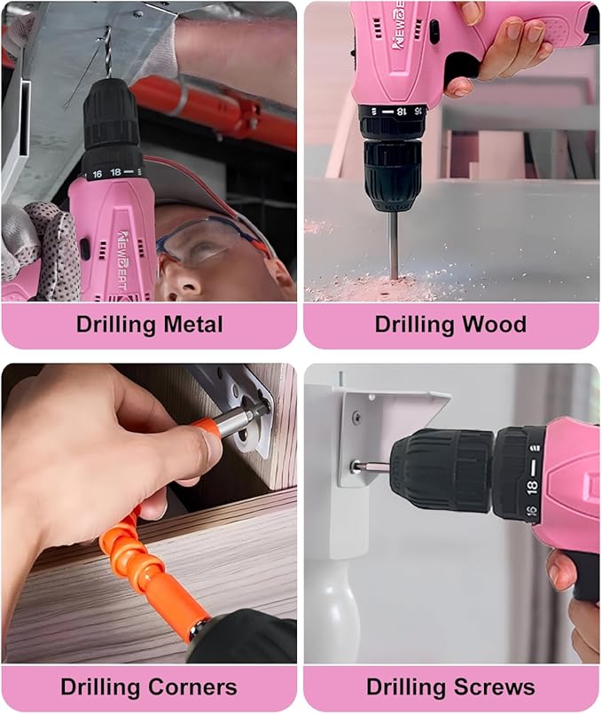 Cordless Drill Set, 12V Power Drill Driver with 2 Battery and Charger, Pink Electric Drill Power Tool for Women