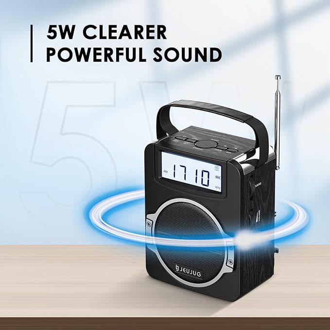 Radio Portable AM FM Digital Radios Clock Radio with Bluetooth 5 Watts Loud Speaker Rechargeable AM FM Radios Plug in Wall Battery Operated Best Reception for Home Outdoor Great Gift Black