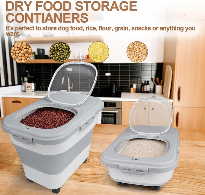 Dog Food Storage Container, 10-20lbs Collapsible Dog Cat Food Containers with Airtight Clear Flip-top,Rolling Wheel and Pet Food Scoop, Pet Food Storage Container Bin for Dog Cat Bird Pets