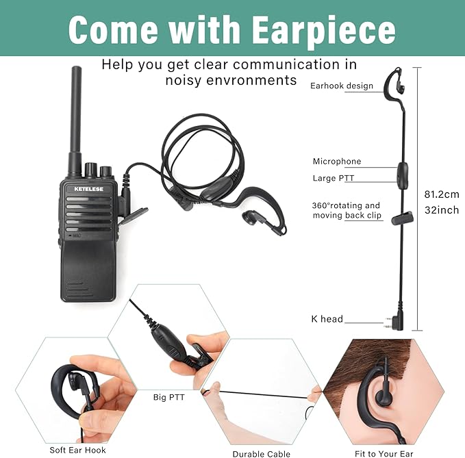 KETELESE KP01 Professional/Business Walkie Talkies, Programmable Walkie Talkies with Earpiece, Rechargeable, Two-Way Radio Set, for Camping Hiking Skiing(2 Pack), Black