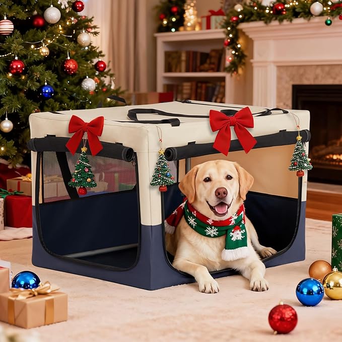 PETSFIT Soft Dog Crate, with Patented Adjustable Fabric Cover, Chewproof & Lockable Mesh Doors, Waterproof Base Collapsible Kennel Beige 36 Inch