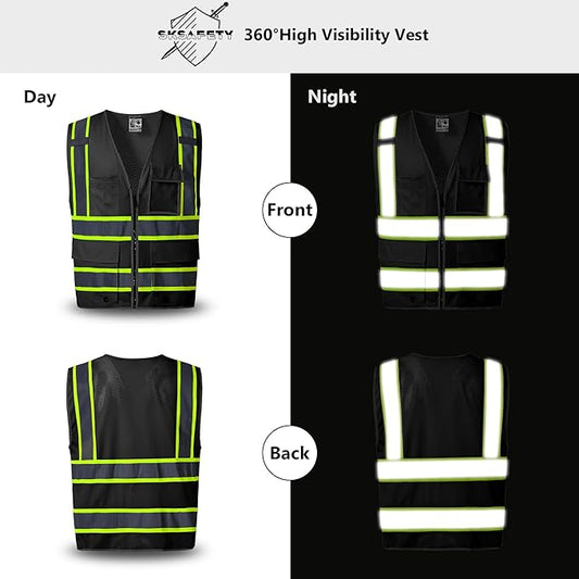 SKSAFETY 10 Pockets Safety Vest, Class 2 High Visibility Security with Zipper Back Mesh, Hi Vis Vest with Reflective Strips, ANSI/ISEA Standard, Construction Work Vest for Men & Women (Black, M)