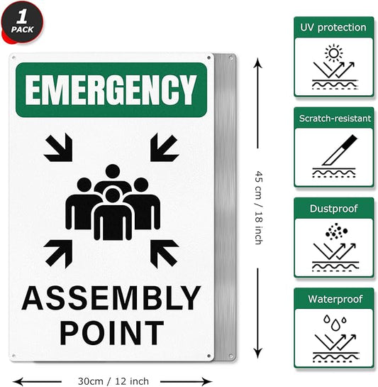 Emergency Assembly Point Sign with Pre-Drilled Holes 18 × 12 Inches Reflective Aluminum Waterproof Signage for Warehouse School Hospital