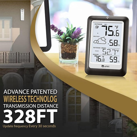 Indoor Outdoor Thermometer Wireless Weather Station, Temperature Humidity Monitor Battery Powered Inside Outside Thermometers with 330ft Range Remote Sensor and Backlight Display(Metal Black)