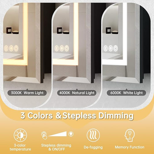 24"X30" Bathroom Medicine Cabinet with Mirror, LED Lighted Medicine Cabinet with Anti-Fog, 3 Colors Temperature Stepless Dimmable, Metal Cabinet for Storage and Mordern Decor, Black