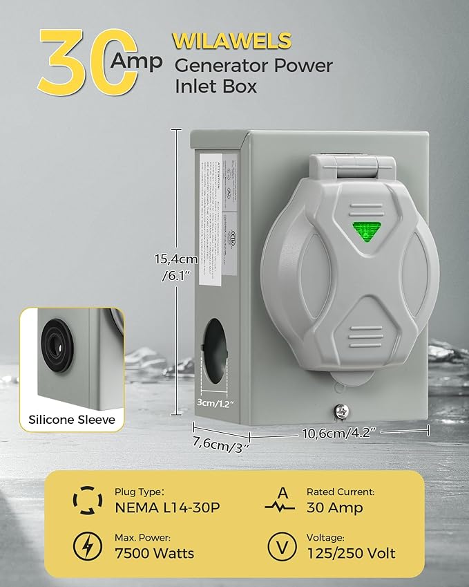 30 Amp Generator Inlet Box, NEMA L14-30P Power Inlet Box, 4-Prong Waterproof Generator Power Inlet Box with Indicator, Pre-Drilled, 125/250V 7500W, for Emergency, ETL Listed H96OB06