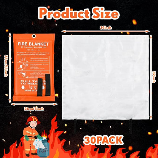 Macarrie 30 Pack Fire Blankets 39” x 39” Fire Blanket Emergency for Home and Kitchen Extinguisher Blankets Fiberglass Suppression Blanket Safety Fireproof Survival for Car Office Warehouse (Orange)
