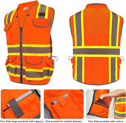 HYCOPROT Reflective Safety Vest Class 2 High Visibility Heavy Duty Construction Vest with Padded Neck,Meet ANSI/ISEA Standard