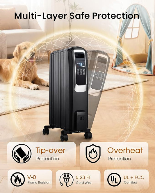 Oil Filled Radiator Heater, Electric Radiant Heaters for Indoor Use Large Room, Portable Space Heater with ECO Mode, Quiet Heating with Remote Control, 24H Timer, Tip-over & Overheat Protection