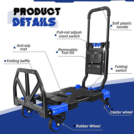 Folding Hand Truck, 2 in 1 Portable Heavy Duty Carrying Moving Dolly Cart with 4 Foldable Wheels and Retractable Handle Duty 330lbs (Blue)