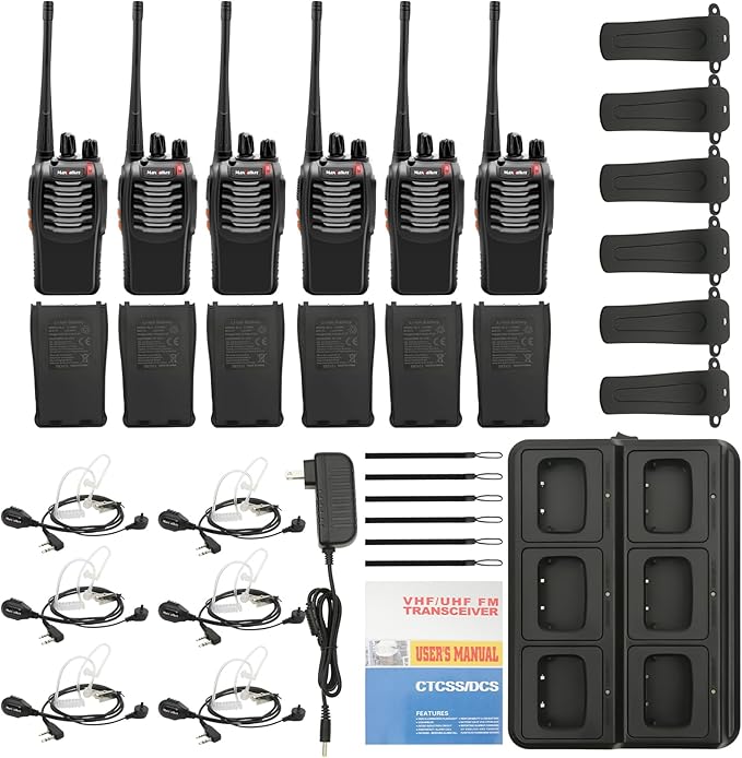 MT-8S Walkie Talkies Long Range for Adults,Rechargeable Walkie Talkie with 6 Way Multi Gang Charger, 1500mAh Li-ion Battery, Earpiece, Flashlight and USB-C Charging (6Pack)