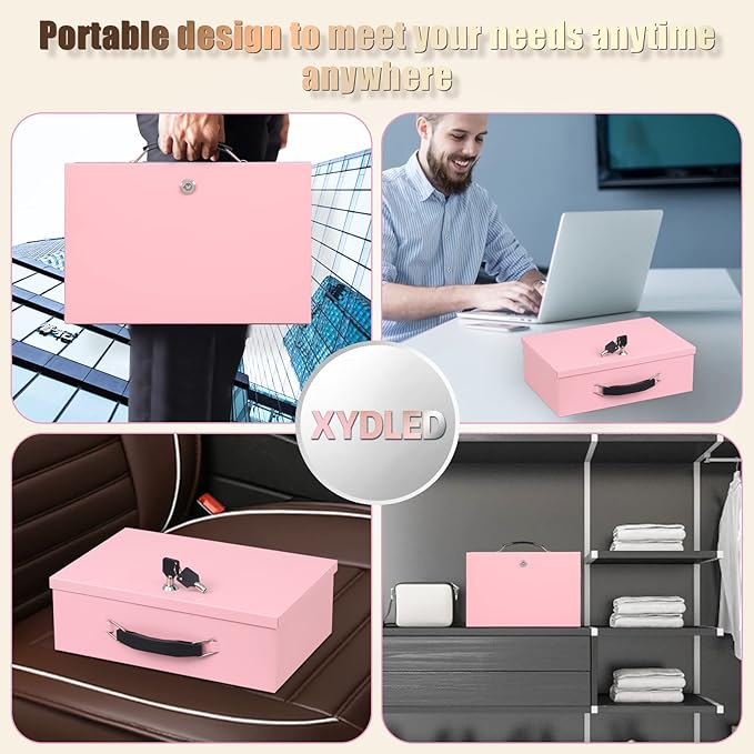 xydled Fire Resistant Safe Fire Safe Box with Key Lock for Home Office Security Storage for Valuables Documents,12.8 x 8.5 x 4.5 Inch,Pink