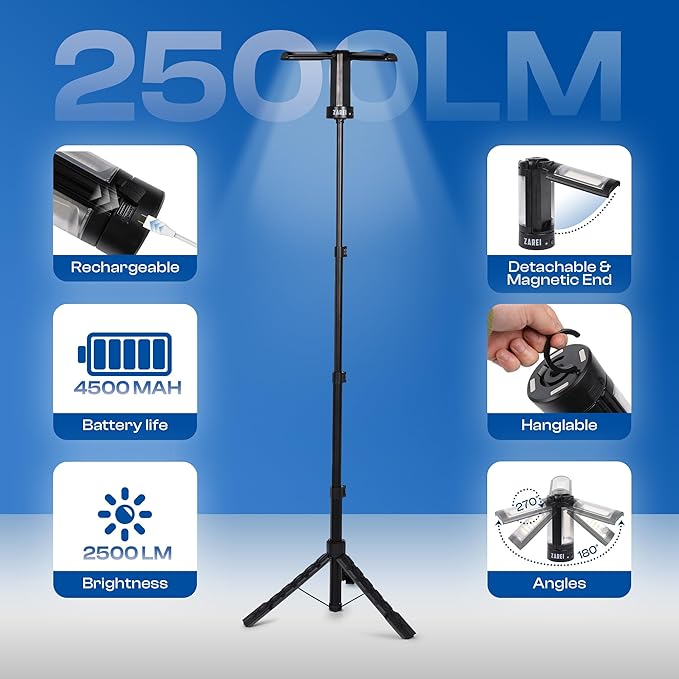 Rechargeable 10000mAh Camping Lights with Stand 6.5 ft Max Height, Cordless Work Light with 4 LED Lamp, 2200 Lumens Dimmable Camping Essentials Gear with Detachable Tripod, Black