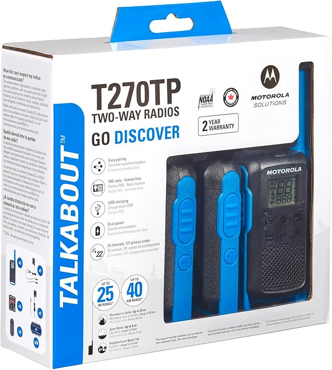 Motorola Solutions, Portable FRS, T270TP, Talkabout, Two-Way Radios, Rechargeable, 22 Channel, 25 Mile, Black W/ Blue, 3 Pack