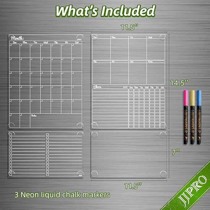 JJPRO Non-Magnetic Dry Erase Calendar - Monthly & Weekly Chart, List & Blank Board for Smooth Surfaces. Clear Reusable Calendar Sticks to Fridge, Cabinet, Door & Glass