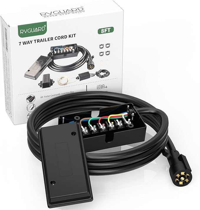 RVGUARD 7 Way 8 Foot Trailer Cord with 7 Gang Junction Box Kit, Include 12V Breakaway Switch and Plug Holder, Trailer Connector Cable Wiring Harness with Waterproof Junction Box