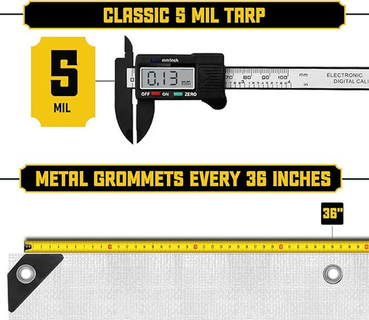 Core Tarps Classic 5 Mil Tarp Cover, Waterproof, UV Resistant, Rip and Tear Proof, Poly Tarpaulin with Reinforced Edges for Roof, Camping, Patio, Pool Cover, Boat (White 40′ X 40′)