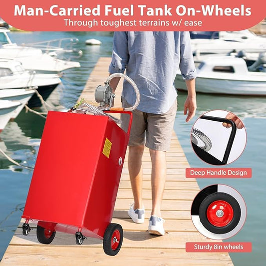 35 Gallon Fuel Caddy with Manual Pump, Heavy Duty Portable Gas & Diesel Transfer Tank on 4 Wheels, Spill-Proof Container for Truck, Tractor, Boat, ATV, Farm,Orange