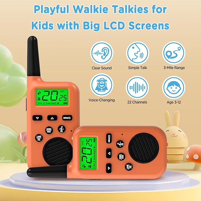 Peakeep Walkie Talkies for Kids Long Range 3 Miles, Voice-Changing Toys Gifts for 3-12 Years Old Boys Girls, 2 Way Radios Big LCD Screen, Flashlight, Camping Hiking Outdoor, Battery Operated, 2 Packs