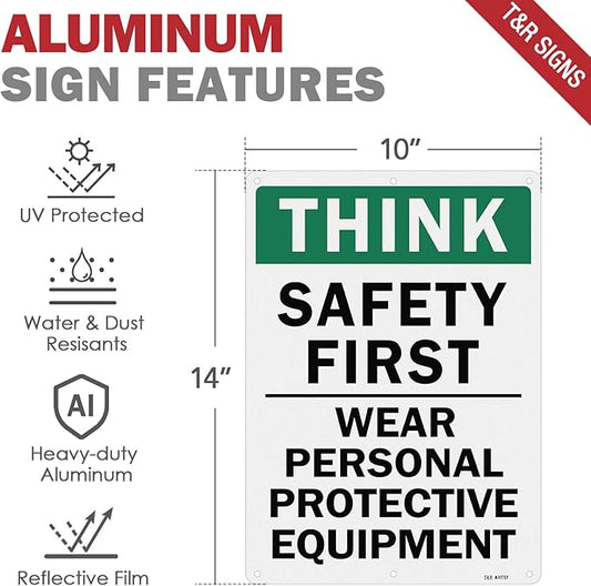 T&R Large Think Safety First Sign Wear Personal Protective Equipment - 2 Pack - 14 x 10 Inches Rust Free .040 Aluminum Reflective - UV Protected, Waterproof and Fade Resistant - 6 Pre-drilled Holes