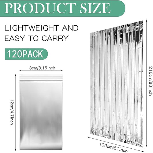 Macarrie 120 Pack Emergency Foil Thermal Blankets Silver Foil Survival Space Blanket Kit for Outdoors, Camping, Hiking, Homeless, Survival or First Aid, Silver