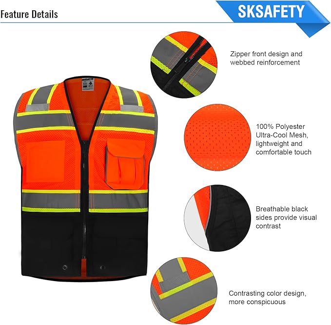 SKSAFETY 10 Pockets Professional level Safety Vest, Class 2 High Visibility Security Vest with Zipper, Hi Vis Vest with Reflective Strips, ANSI/ISEA Standard, Construction Work Vest(Orange Black, 4XL)