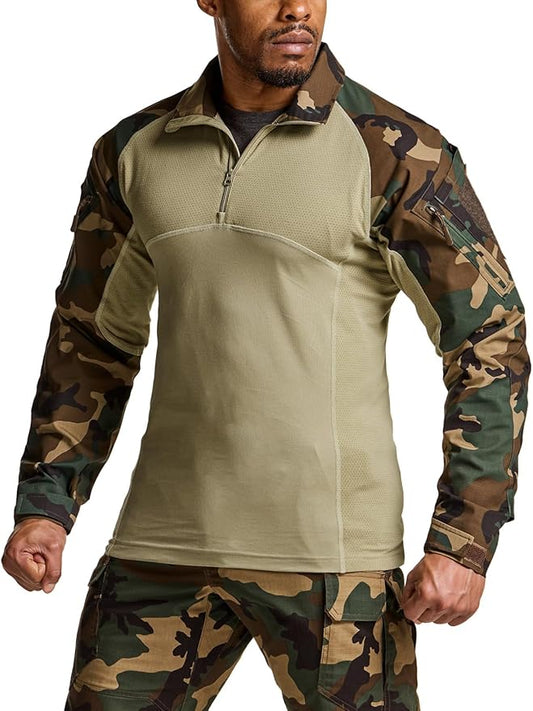 CQR Men's Combat Shirt Tactical 1/4 Zip Long Sleeve Military BDU Shirts Camo EDC Top with Pockets