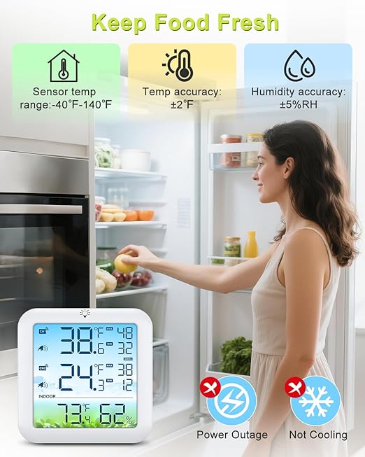 Wireless Fridge and Freezer Thermometer with Alarm, Max/Min Temperature Records Digital Refrigerator Thermometer, 328FT Remote Range, Magnetic & Stand Options for Kitchen Home Restaurant