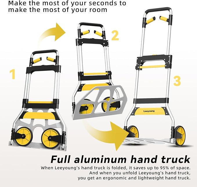 Aluminum Folding Hand Truck 309lb Capacity - Collapsible Dolly Cart with 47.3" Adjustable Handle, TPR Wheels & Portable Hand Truck Design, 11lbs Lightweight Storage Solution (No Assembly)