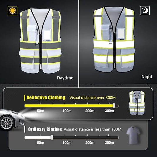 AYKRM Security Vest for Men Women 7 Pockets High Visibility Reflective Safety Vest Front Zipper Meets ANSI/ISEA