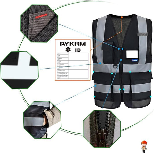 Reflective Security Safety Vests Heavy Duty with 7 Pockets and Front Zipper