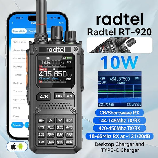 Radtel RT-920 Walkie Talkie 8W Long Range Programmable Bluetooth Two-Way Handheld Radio, SW MW LW CB 27MHz -126dBm Receive SSB AM FM Noise-Reduction NOAA