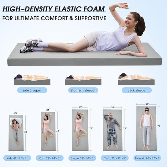 CYMULA Memory Foam Camping Mattress Pad,3inch Sleeping Pad for Camping,Non-Slip Bottom Floor Cot Car Mattress Bed with Retaining Portable Roll up Mattress Pad Mat for Travel Truck Guest Bed Tent