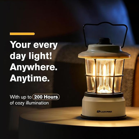 LUXPRO Retro LED Lantern - Battery-Powered Emergency Lantern - Water Resistant - Bright LED Lamp for Indoor & Outdoor Use - Use for Tents, Hiking or Hurricane Prep (Beige, Pack of 2)