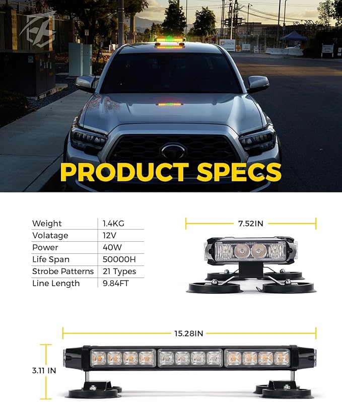 Xprite Amber Green Rooftop Emergency Strobe Light Bar, Beacon Safety Flashing Warnin Lights w/Magnetic Base for Construction Trucks Plows Postal Security Cars