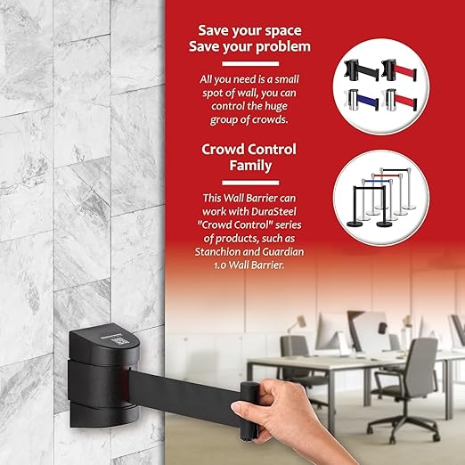 DuraSteel Wall Mount Crowd Control Retractable Belt Barrier - 9.2 Ft Black Retractables Barrier Belt w/ABS Casing Do Not Enter Crowd Control Barriers Line Divider NOT Stanchions with Retractable Belts