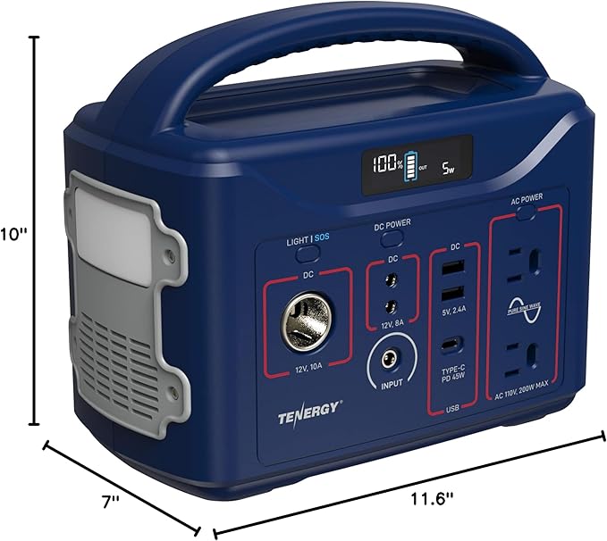 Tenergy T320 Portable Power Station, 300Wh Battery, 110V/200W (Surge 400W) 2 Pure Sine Wave AC outputs, USB type C PD 45W, Solar Ready Mobile Power for Outdoors Camper Vans RV, Emergency Backup, Navy
