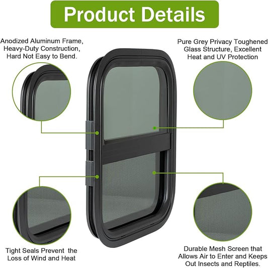 14"x16" RV Window - Vertical Sliding Teardrop Style, DOT-Certified Tempered Glass & Trim Set, Aluminum Alloy Frame w/Mesh Screen