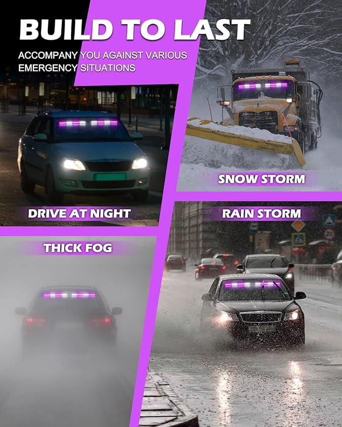 HLauto 604N Emergency Dash Strobe Lights: 2x16.8 inch Purple White Security Light w/Take Down, 48 LED Safety Flashing Warning Hazard Interior Windshield Light Bar for Truck Vehicle